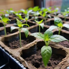 chilli plant seedlings in a row in grow pellets. Propagation trays in a greenhouse with spring growth