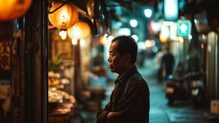 Man standing in illuminated night market street. Urban night photography. Street life and culture concept for poster and print