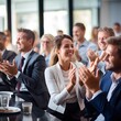 © Studicon - A group of business people are clapping and smiling at a conference. Generative AI.