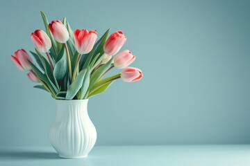 Wall Mural - Pink tulips in white vase on light blue background. Holiday copy space.