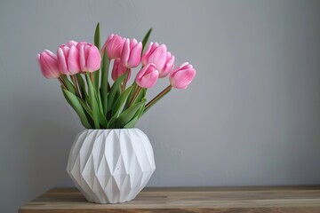 Wall Mural - Minimalistic spring decor  white vase with pink tulips.