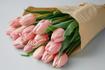 Wall Mural - Light pink tulips bouquet in kraft paper for wedding.