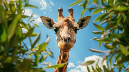 Canvas Print - Rothschild giraffe facing forward with greenery and sky in the background Room for text