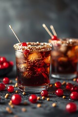 Wall Mural - Glass of coke with a sugar rim and small white crystal chips, on a dark grey background