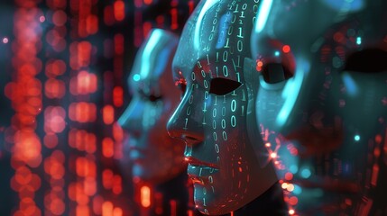 Wall Mural - three white masks, hands, black eyes, with a binary code pattern on his face