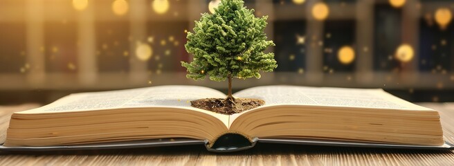 A photo of a mini tree growing from the middle of an open book on the table