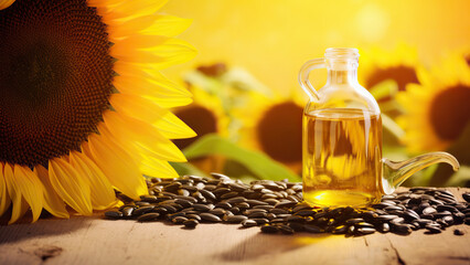 Wall Mural - Sunflower Oil with Sunflower and Seeds on a Wooden Table