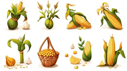 Wall Mural - A grid of 9 rustic corn icons with a vintage feel, depicting different aspects of corn farming and harvesting, on a white background