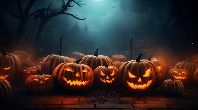 Halloween pumpkins on dark background with copy space. Generative AI.
