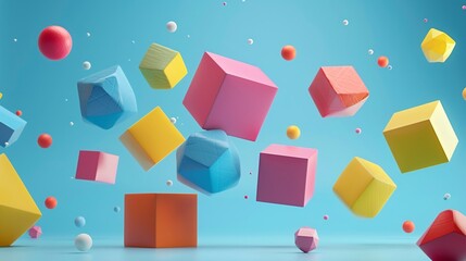 Wall Mural - Colorful 3D geometric shapes floating in mid-air against a light blue background, creating a playful and dynamic abstract scene.