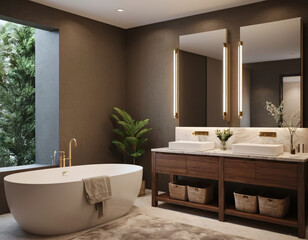 3D render of a luxurious bathroom featuring a spacious vanity area with two sinks and a large mirror. Emphasize elegance, functionality, and tranquility in the design. Incorporate premium materials