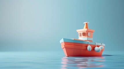 Colorful toy boat on calm blue water with soft lighting and a plain background. Simple and serene nautical scene in minimalistic style.