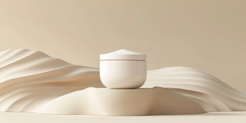 Sticker - A white container is placed on a pedestal in front of a sandy background. cosmetic product