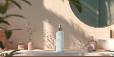 A bathroom with a white bottle of soap on a counter next to a sink