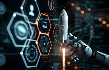 Wall Mural - a robot ai touching rocket launch icon on virtual screen with hexagon and different icons for busine