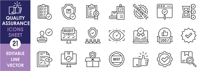 Wall Mural - A set of line icons related to quality assurance. Quality check, verify, good, best, secure, award and so on. Vector outline icons set.