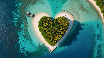 Aerial view of tropical desert island in heart shape with palm trees in the middle of turquoise ocean water. Love for tropical summer vacation