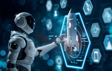 Wall Mural - a robot ai touching rocket launch icon on virtual screen with hexagon and different icons for busine