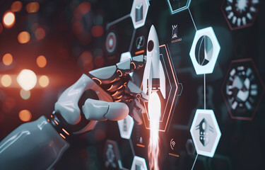 Wall Mural - A Robot AI touching rocket launch icon on virtual screen with hexagon and different icons for business plan, technology or strategy concept in background.