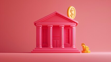 Minimalist pink bank building with dollar coin, showcasing financial concepts and wealth management in a modern, colorful style.