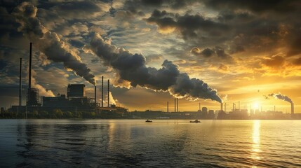 Sunset over industrial landscape with factories releasing smoke into the air, reflecting pollution and environmental impact.