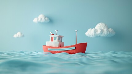 Wall Mural - Minimalist red toy boat floating on calm ocean water under a bright sky with white fluffy clouds.