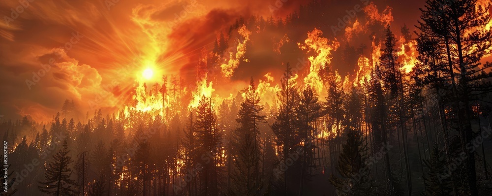 Forest engulfed in a massive wildfire, flames and smoke rising amidst ...