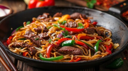 Sticker - Asian stir-fried noodles with beef, peppers, and onions - delicious panoramic view of savory dish