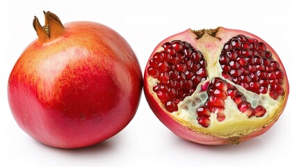 Wall Mural - pomegranate - Punica granatum - isolated on a white background. The juicy arils of the fruit are eaten fresh, and the juice is the source of grenadine syrup, used in flavorings and liqueurs