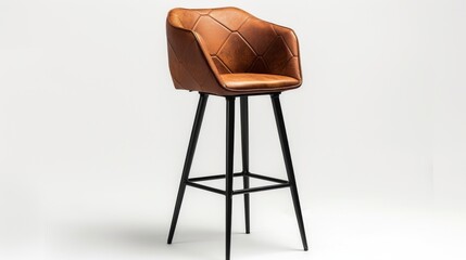 Stylish bar stool with a metal frame and leather seat, isolated on a white studio background