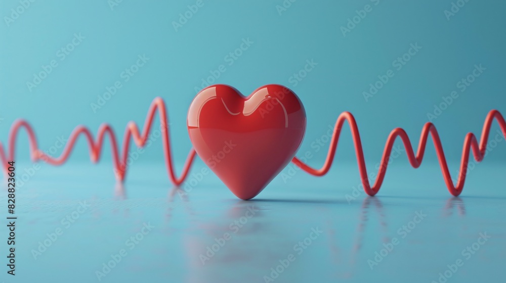 Red heart-shaped object connected to an ECG line against a blue ...