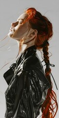 Wall Mural - stylish red-haired woman in black patent coat looking up with closed eyes