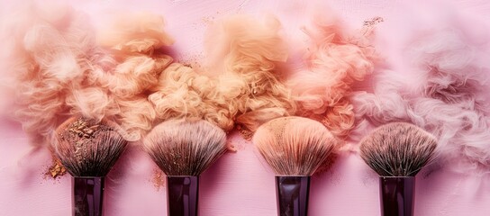 Wall Mural - A row of make-up brushes sprinkled with light brown and pink powder