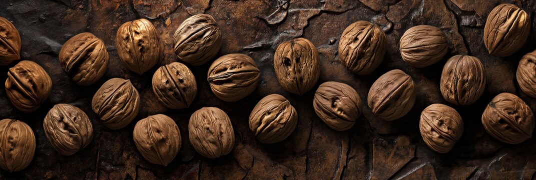 A panorama image showcasing a row of whole walnuts on a textured, rustic metal backdrop, highlighting texture and natural patterns