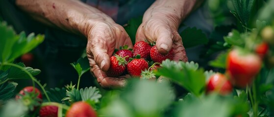 Poster - Organic farming: gentle harvesting of fresh, ripe strawberries by farmer hands in sunlit field, agriculture concept