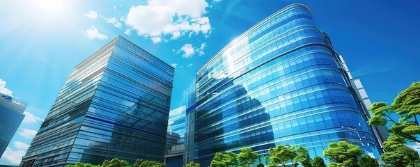 Wall Mural - An office building with shiny glass walls is photographed during the day