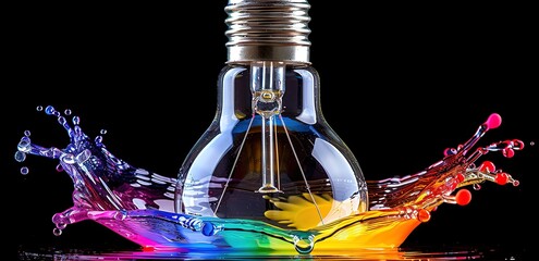A lamp falling into colorful water in the photo on a black background
