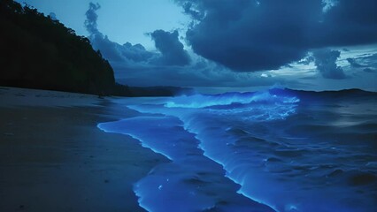 Wall Mural - as the tide changes the bioluminescent waves roll in with renewed intensity casting the entire beach