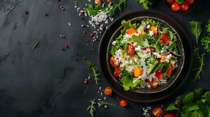 Sticker - Top view of fresh salad with rice and colorful vegetables on dark background - healthy food concept with space for text