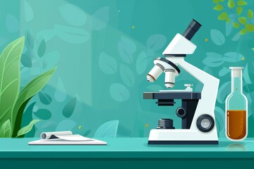 Sticker - Lush green laboratory setting with microscope and plants, scientific research, vector illustration, green, education, biology, botanical, study, innovation, equipment, detailed, lab