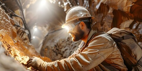 Extraction of ore by a gold miner in an underground mine. Concept Gold Mining, Underground Operations, Ore Extraction, Miner's Work, Precious Metals