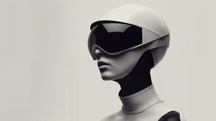 Wall Mural - A woman in a white helmet and goggles is standing in front of a white background