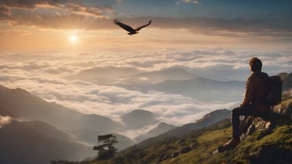  A man standing on top of a mountain celebrating with arms open. Success and goal achievement conceptAI generated image, ai