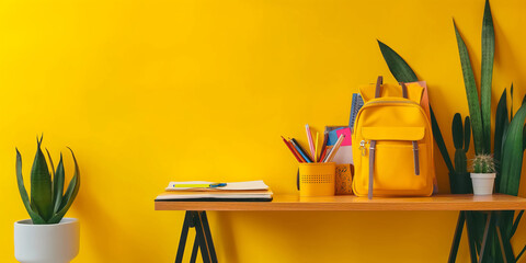 a minimalist workspace with a vibrant yellow background, showcasing a wooden table with organized st