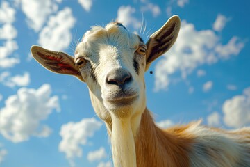 Closeup shoot of a goat on blue sky background
