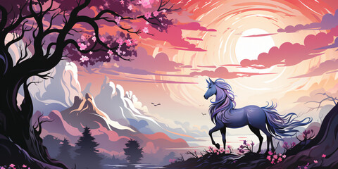 Wall Mural - Fantasy illustration artwork depicting a magical forest with a white horse. Generative AI.