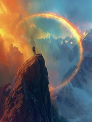 Canvas Print - a man stands on a mountain top, looking out at a rainbow