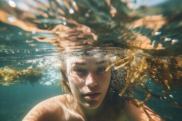 Canvas Print - a young woman underwater with seaweed