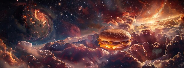 Wall Mural - A surreal image of a giant burger and fries floating in space generated by AI