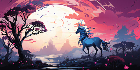 Canvas Print - Fantasy illustration painting of a magical forest with beautiful horse. Generative AI.
